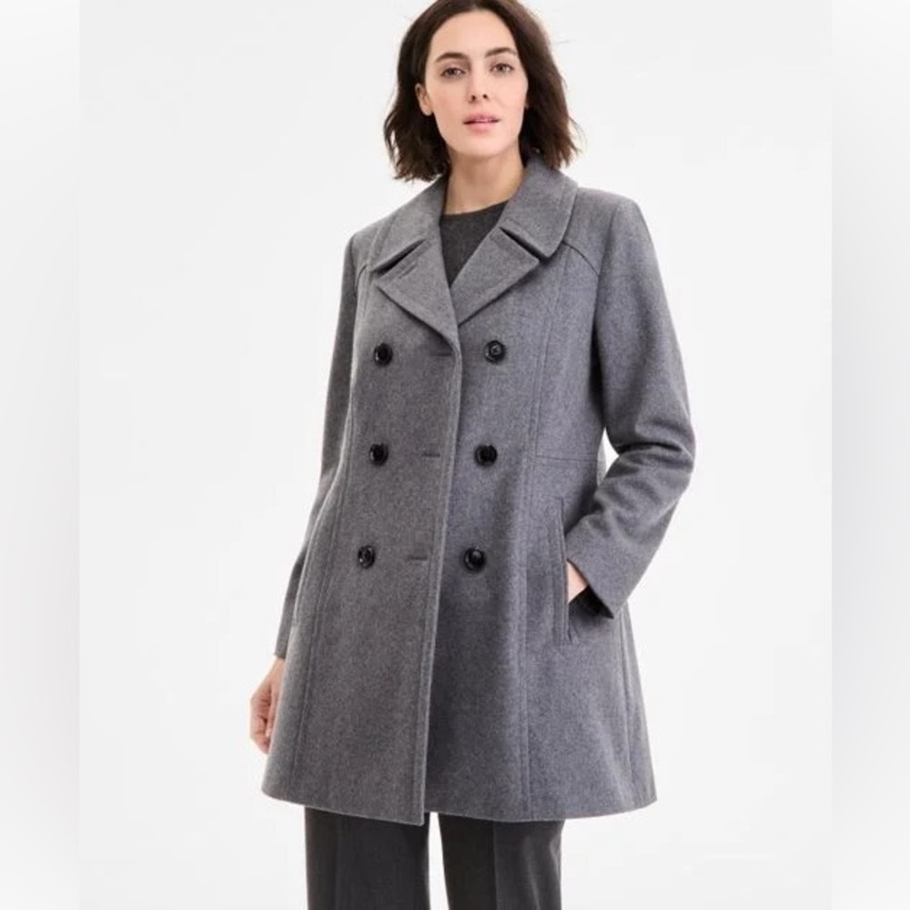 Anne Klein Double-Breasted Peacoat in Charcoal Grey